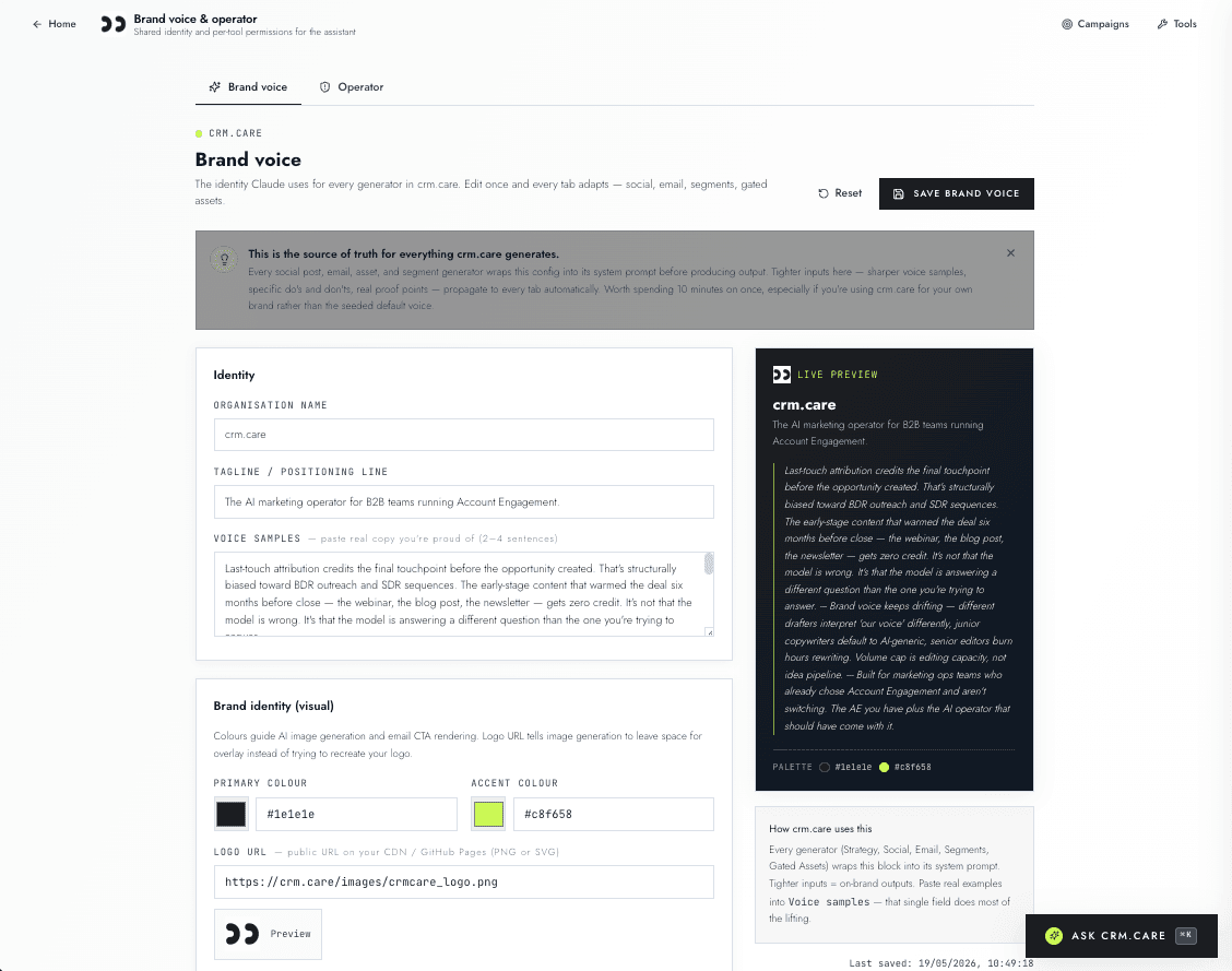 crm.care brand voice configuration page showing organisation name, tagline, voice samples textarea, brand identity visual settings with primary and accent colour swatches, and a live preview pane showing how the voice sample renders