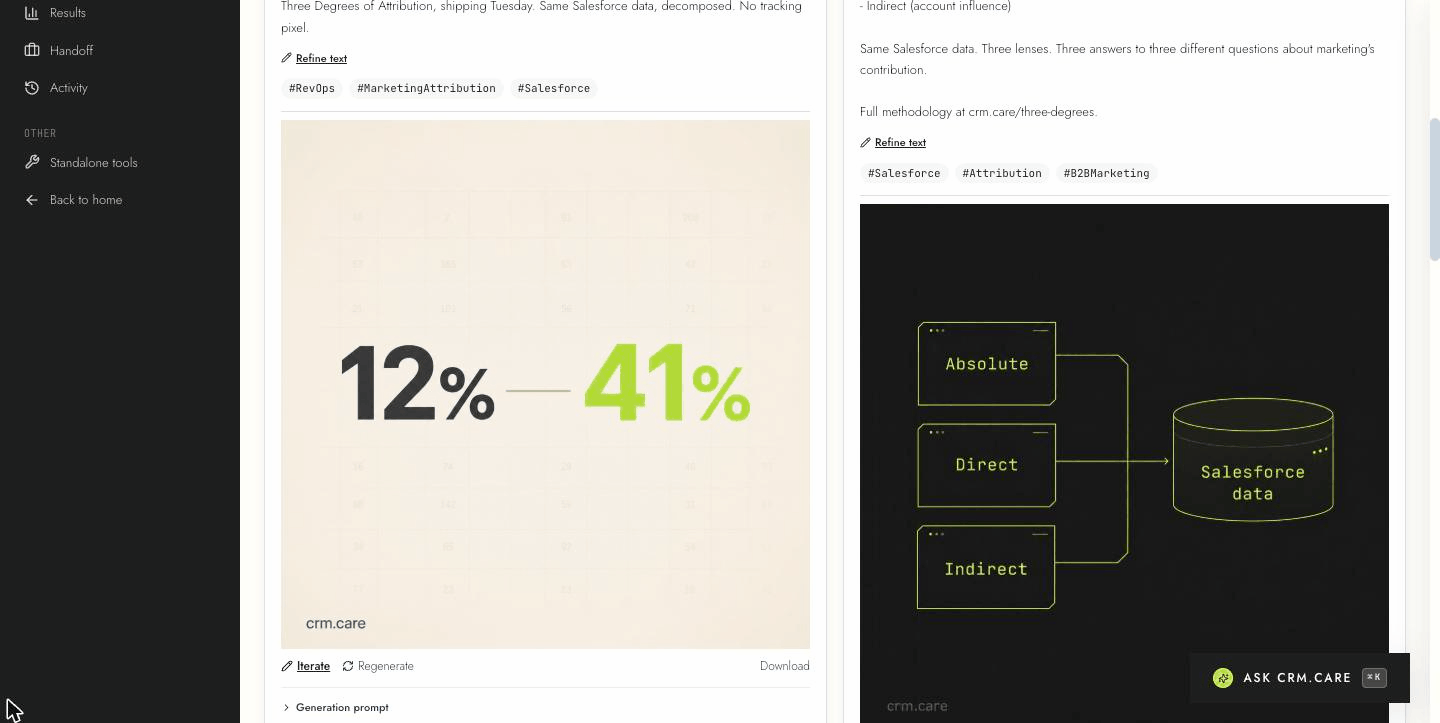 crm.care social tab — two posts with on-brand AI-generated images and iterate/regenerate controls